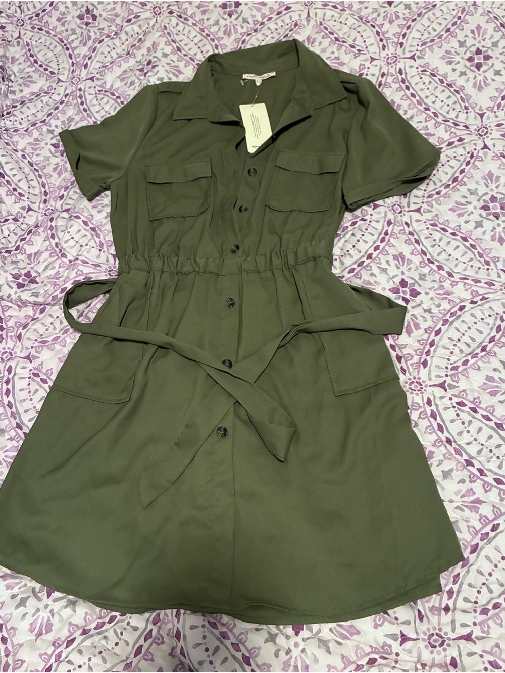 Utility Shirt Mini Dress with Waist Tie - Olive
